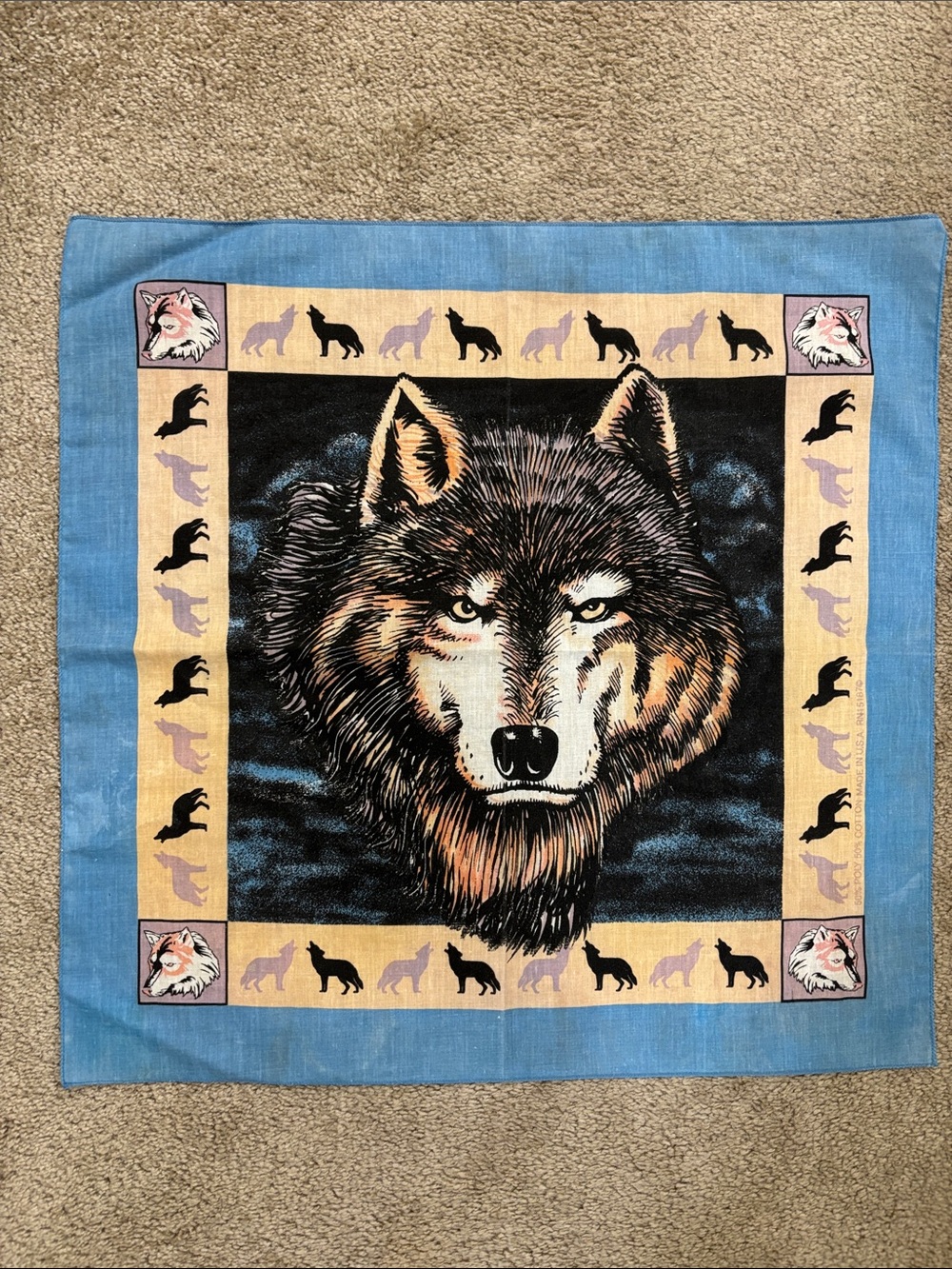 Wolf Print Bandana Scarf in Blue and Tan
